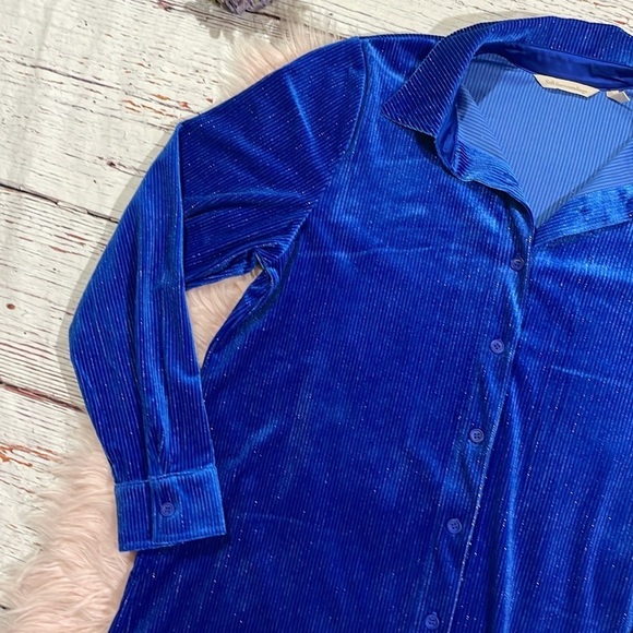 Soft Surroundings Blue Silver Textured Velvet Boyfriend Shirt Button Down - Picture 5 of 9